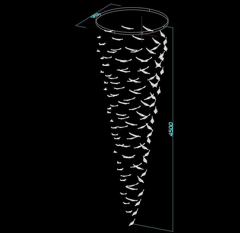 Đèn chùm pha lê thả thông minh PL045 gồm 109 lá lông vũ mau trắng, 29 mắt COB dimmer có điều khiển xa, mâm tròn inox gương trắng, KT(mm): D1500 x H4500